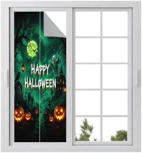 Window Privacy Film Frosted, Halloween Static Cling Door Window Covering, Green Spooky Pumpkin Ghost Moonlight Castle UV Blocking Windows Film for Office, Hotel, Bedroom, 29.5 x 78.7 Inches by Unknown