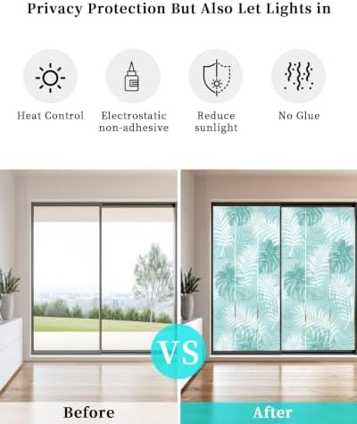 Window Privacy Film Frosted, Teal Green Palm Trees Tropical Static Cling Door Window Covering, Summer Beach Botanical UV Blocking Windows Film for Office, Hotel, Bedroom, 29.5 x 78.7 Inches - Image 6
