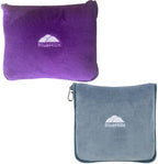 BlueHills Travel Blanket Pillows for Two Airplane Traveling Essentials Flight Throws in Bag case with Backpack Clip Compact Large Plane Accessories – Purple and Grayish Blue by BlueHills