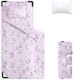 Wake In Cloud - Cot Nap Mat with Pillow and Blanket, 100% Cotton Fabric, for Toddler Kids Girls Ages 3 Plus in Daycare Kindergarten Preschool with Elastic Corner Straps, Floral Flowers by WakeInCloud