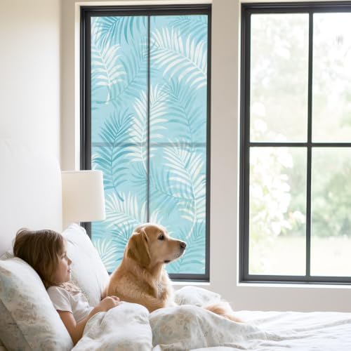 Window Privacy Film Frosted, Blue Botanical Static Cling Door Window Covering, Summer Palm Leaves Foliage Tropical UV Blocking Windows Film for Office, Hotel, Bedroom, 29.5 x 78.7 Inches - Image 2