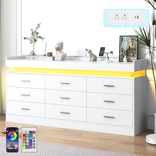 jiteentarou 9 Drawer Dresser with Charging Station and LED Lights, Modern Chest of Drawers with Power Outlet, Organizer Cabinet for Bedroom, Living Room, Entryway, White - Image 5