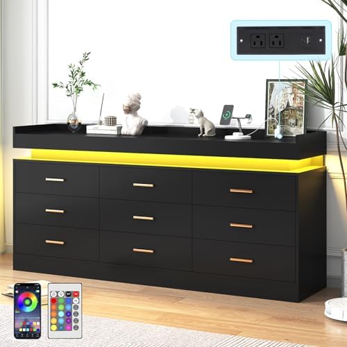 jiteentarou 9 Drawer Dresser with Charging Station and LED Lights, Modern Chest of Drawers with Power Outlet, Organizer Cabinet for Bedroom, Living Room, Entryway, Black - Image 5