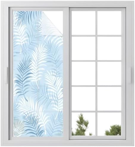 Window Privacy Film Frosted, Light Blue Botanical Static Cling Door Window Covering, Summer Palm Leaves Foliage Tropical UV Blocking Windows Film for Office, Hotel, Bedroom, 29.5 x 78.7 Inches by Unknown
