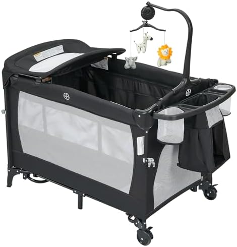 4 in 1 Pack and Play, Portable Travel Baby Bassinet with Rocking Bassinet & Diaper Changing Table, Infant Baby Playard with Mattress, Large Toddler Playpen,Storage Pocket，Carry Bag & Rotating Toy Bar - Image 2