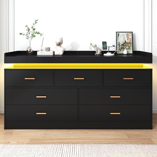 jiteentarou 7 Drawer Dresser with Charging Station and LED Lights, Modern Chest of Drawers with Power Outlet, Organizer Cabinet for Bedroom, Living Room, Entryway, Black - Image 3