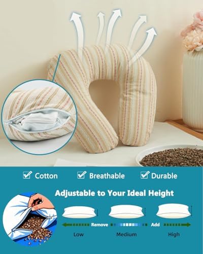 Buckwheat U Shaped Neck Pillow - 12''x12'' Adjustable Cervical Support Pillow with Breathable Buckwheat Hulls, Removable Cotton Cover, Ideal for Airplane, Office or Home Use (Khaki) - Image 2
