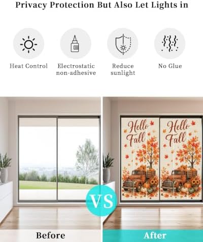 Window Privacy Film Frosted, Thanksgiving Fall Static Cling Door Window Covering, Orange Car Pumpkin Maple Leaves Tree UV Blocking Windows Film for Office, Hotel, Bedroom, 29.5 x 78.7 Inches - Image 6