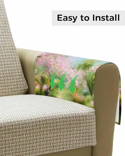 Sofa Armrest Organizer Bedside Caddy, Spring Pink Green Non Slip Couch Remote Control Holder for Recliner, Pastoral Oil Painting Country Flowers Armchair Caddy with Pocket for Magazine, 19.7"x35" - Image 4