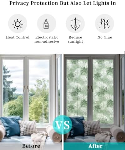 Window Privacy Film Frosted, Sage Green Palm Trees Tropical Reusable Static Cling Window Tints, Summer Beach Botanical Heat Control Windows Films for Offices, Balcony, 29.5 x 118 Inches - Image 6