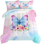 HOSIMA Butterfly Comforter Set, Pink Floral Comforter Full Size for Girls Kids Women Bedroom Decor, Golden Star and Colorful Butterfly Pattern Bedding Set by HOSIMA
