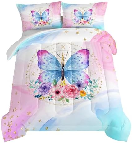 HOSIMA Butterfly Comforter Set, Pink Floral Comforter Full Size for Girls Kids Women Bedroom Decor, Golden Star and Colorful Butterfly Pattern Bedding Set by HOSIMA