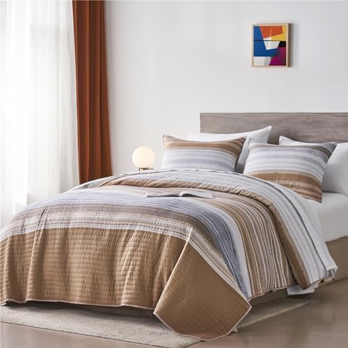 KAKIJUMN Striped Full/Queen Quilt Bedding Set, Soft Bedspread, Warm Tan - Image 2