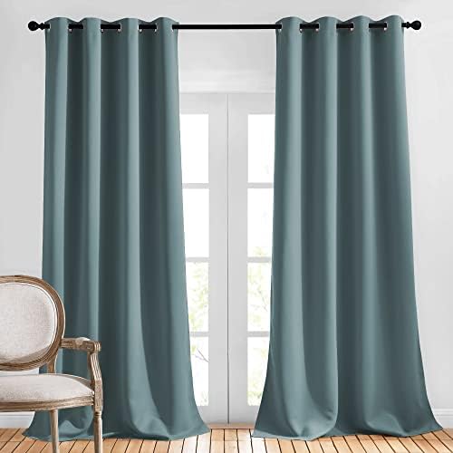 NICETOWN Bedroom Blackout Long Curtains 120 Length - Energy Saving Thermal Insulated Solid Grommet Luxury Room Darkening Drapes for Living Room, Greyish Blue, Set of 2, W52 x L120 by NICETOWN