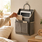 predolo Hanging Bedside Storage Organizer Sturdy Bedside Storage Bag with Mesh Pockets Portable Textile Hanging Organizer with Metal Hook for Bedrooms, Beige - Image 5