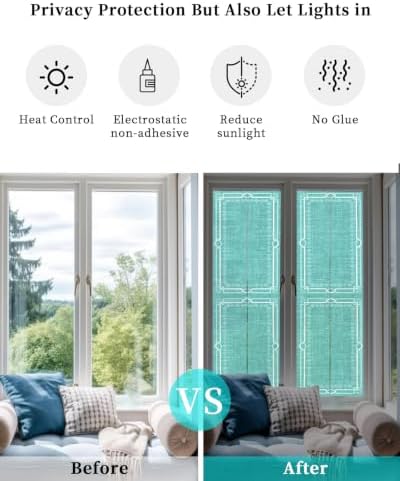Window Privacy Film Frosted, Turquoise Botanical Reusable Static Cling Window Tints, Vintage Florals Geometric Minimalist Heat Control Windows Films for Offices, Balcony, 29.5 x 118 Inches - Image 6