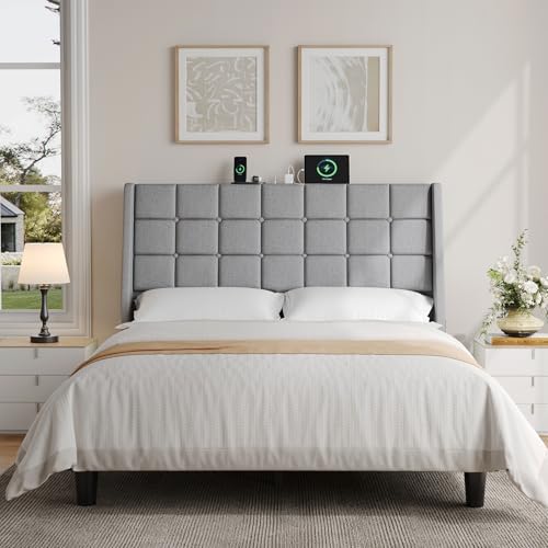 Ergonomic Upholstered Queen Headboard wtih Charging Station, Grey - Image 6