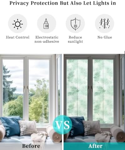 Window Privacy Film Frosted, Light Green Botanical Reusable Static Cling Window Tints, Summer Palm Leaves Foliage Tropical Heat Control Windows Films for Offices, Balcony, 29.5 x 118 Inches - Image 6