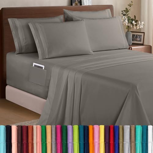 Elegant Comfort 1500 Premium Quality 6-Piece Bed Sheet Set - 18-24 Inch Extra Deep Pocket, Smart Storage Pockets, Wrinkle Free Ultra Soft 6PC Extra Deep Pocket Sheets, Queen, Gray by ELEGANTCOMFORT