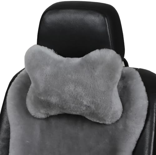 Fluffy Car Headrest Pillow Furry Long Wool Lumbar Auto Head Neck Support Pillow Cushion Natural Luxury Fur Warm Soft Comfort Winter (Gray, Shearling Wool) by MLOVESIE