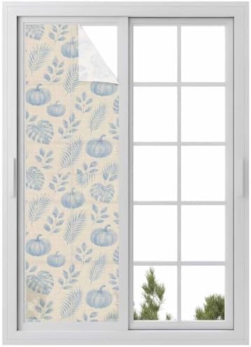 Window Privacy Film Frosted, Blue Pumpkins Fall Reusable Static Cling Window Tints, Thanksgiving Tropical Palm Rustic Heat Control Windows Films for Offices, Balcony, 29.5 x 118 Inches by Unknown
