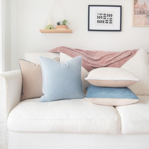 MONDAY MOOSE Decorative Throw Pillow Covers Cushion Cases, Set of 4 Soft Velvet Modern Double-Sided Designs, Mix and Match for Home Decor, Pillow Inserts Not Included (20x20 inch, Beige/Light Blue) - Image 3