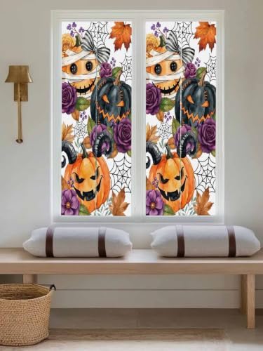 Window Privacy Film Frosted, Pumpkins Halloween Reusable Static Cling Window Tints, Black Horror Purple Floral Botanical Heat Control Windows Films for Offices, Balcony, 29.5 x 118 Inches - Image 5