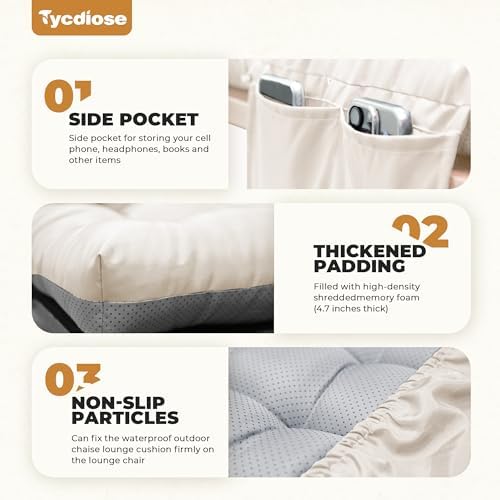 Outdoor Lounge Chair Cushion, Waterproof Replacement Chaise Lounge Cushions for Outdoor Furniture Thickened 71 x 22 x 4.7 Inches Non-Slip Patio Pool Lounge Chair Cushions with Ties (Cream) - Image 4