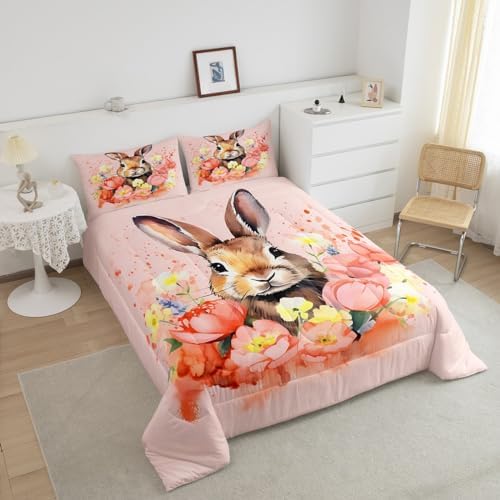 Cute Rabbit Bedding Set Floral Comforter Set for Kids Boys Girls Teens Room - Image 3