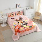 Cute Rabbit Bedding Set Floral Comforter Set for Kids Boys Girls Teens Room Decor Vintage Flowers Comforter Farm Animal Brown Blue Pink Duvet Set King Size Duvet Set 3Pcs - Image 3