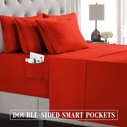 Elegant Comfort Luxury Soft 6-Piece 1500 Premium Hotel Quality Bed Sheet Set with Extra Deep Pockets 18-24 Inch, Wrinkle Free, Storage Pockets, Extra Deep Pocket 6PC Sheets, Queen, Red - Image 5