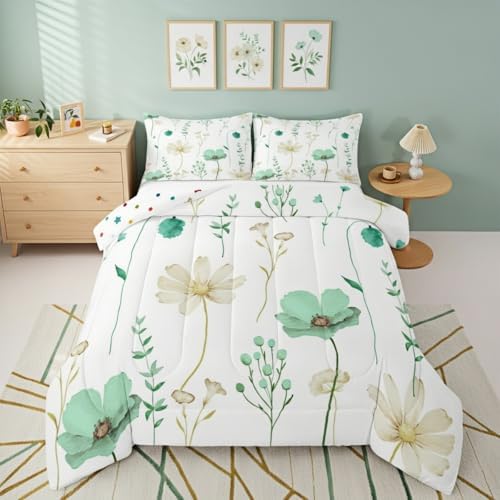 Erosebridal Watercolor Floral Bedding Set Twin Size, Mint Green Beige Flower Comforter Set for Teens Adult Women, White Modern Minimalist Quilt Plant Branches Pastoral Duvet Insert, 1 Pillow Case by Erosebridal