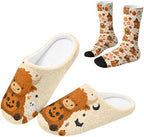 Jeiento Women's Fuzzy Slippers and Sock Set Warm Cozy Memory Foam House Shoes Soft Slip-on Slides Spa Slippers for Hotel by Jeiento