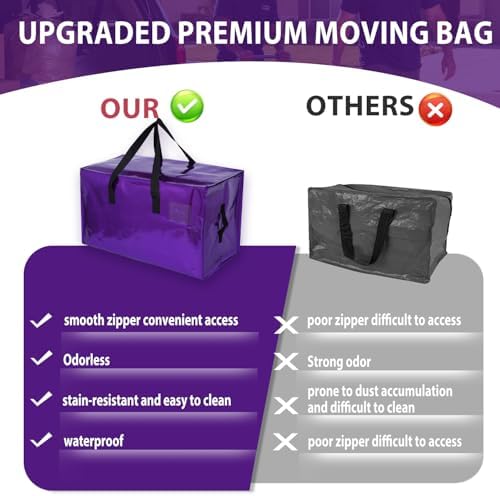 6 Pack Moving Bags Heavy Duty, Extra Large Moving Bags, Moving Supplies, Storage Bags with Handles and Zippers, Waterproof Totes for Storage Saving Packaging Shipping and Travel(Laser Purple) - Image 5