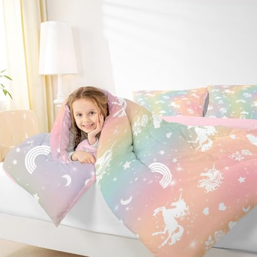 Erosebridal Girls Unicorn Toddler Bedding Set Rainbow Unicorn Comforter Set for Kids Child Ombre Stars Moon Comforter Fantasy Girls Room Decor Rose Flower Duvet Insert Cartoon Kawaii Bed Set - Image 7