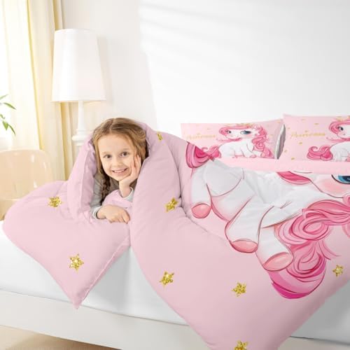 Erosebridal Pink Unicorn Toddler Bed Comforter Set for Girls | Kawaii Princess Unicorn Bedding Set Cute Stars Reversible Bed Sets Girly Cartoon Horse Quilt Comforter Fantasy Girls Room Decor,2 Pcs - Image 7