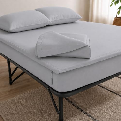 Zipper Cot Fitted Sheet, 32 x 75 Camping Cot Mattress Sheets, 400 Thread Count 100% Cotton, Includes 1 Wraparound Base, 2 Removable Zipper Top Sheets & 2 Pillowcases, 8 Inch Deep Pocket, Light Grey by Unknown