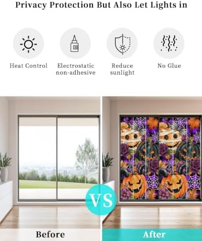 Window Privacy Film Frosted, Pumpkins Halloween Non-Adhesive Static Cling Window Tint, Black Horror Purple Check Floral Insulated Windows Frosted Films for Living Room, 35.4 x 78.7 Inches - Image 6