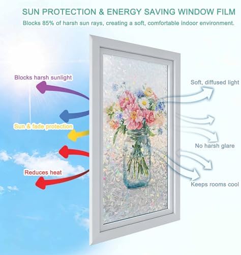 Window Privacy Film Rainbow Static Cling Stain Glass Window Film for Glass Door, Decorative Heat Control UV Blocking Frosted Sunroof Decal Sticker for Car Bathroom Home 35.4"x78.7" - Image 4