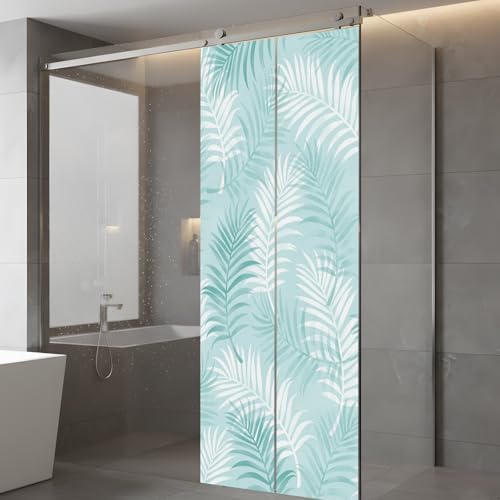 Window Privacy Film Frosted, Teal Blue Botanical Static Cling Door Window Covering, Summer Palm Leaves Foliage Tropical UV Blocking Windows Film for Office, Hotel, Bedroom, 29.5 x 78.7 Inches - Image 5