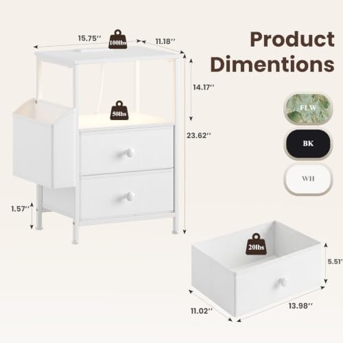 MALOL Night Stand with Charging Station & Led Light Strip, Bedside Table with Open Shelf & 2 Fabric Drawers and Reversible Side Storage Pocket, Modern End Table Bedroom,Living Room,White - Image 2