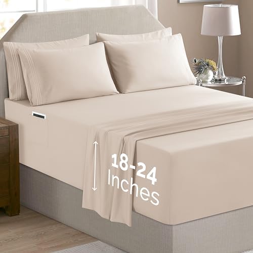 Elegant Comfort Luxury Soft 6-Piece 1500 Premium Hotel Quality Bed Sheet Set with Extra Deep Pockets 18-24 Inch, Wrinkle Free, Storage Pockets, Extra Deep Pocket 6PC Sheets, Queen, Beige - Image 2