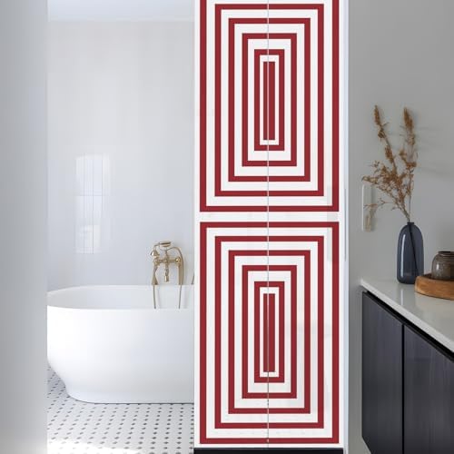 Window Privacy Film Frosted, Red White Geometric Reusable Static Cling Window Tints, Square Minimalist Modern Heat Control Windows Films for Offices, Balcony, 29.5 x 118 Inches - Image 3