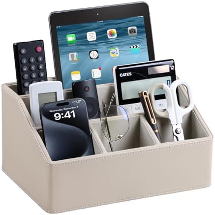 PU Leather Desk Organizer, Remote Control Holder, Dark Beige by MEIBOOCH
