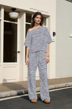 Ythomm Striped Pajama Sets Womens Two Piece Lounge Outfits Short Sleeve Off Shoulder Shirts Drawstring Pants Matching Pj Sets - Image 2