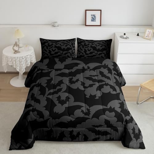 Castle Fairy Halloween Themed Comforter Set King Size,Black Bats Animal Print Bedding Set All Season Quilt Set,Dark Grey Color Microfiber Polyester Down Comforter - Image 6