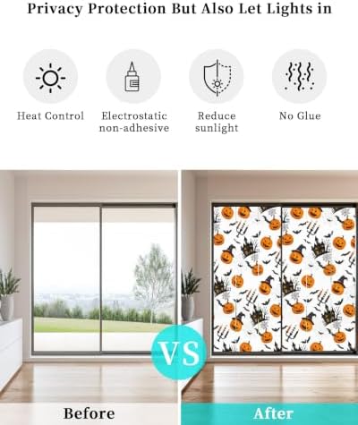 Window Privacy Film Frosted, Orange Pumpkins Halloween Static Cling Door Window Covering, Haunted Houses Bats Horror UV Blocking Windows Film for Office, Hotel, Bedroom, 29.5 x 78.7 Inches - Image 6