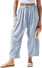 TARSE Womens Linen Wide Leg Striped Pants Casual Barrel Palazzo Harem Pants by TARSE
