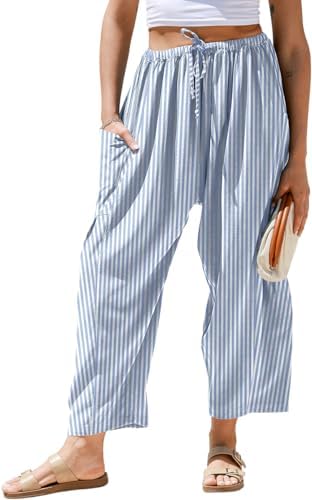 TARSE Womens Linen Wide Leg Striped Pants Casual Barrel Palazzo Harem Pants by TARSE
