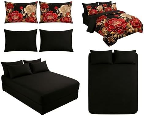 CCoutueChen Vintage Floral Full Size Bed in A Bag for Girls, 7Pcs Modern Black Red Bedding Set, Farmhouse Botanical Quilted Comforter with 2 Pillowcases+1 Flat Sheet+1 Fitted Sheet+2 Pillowshams - Image 2